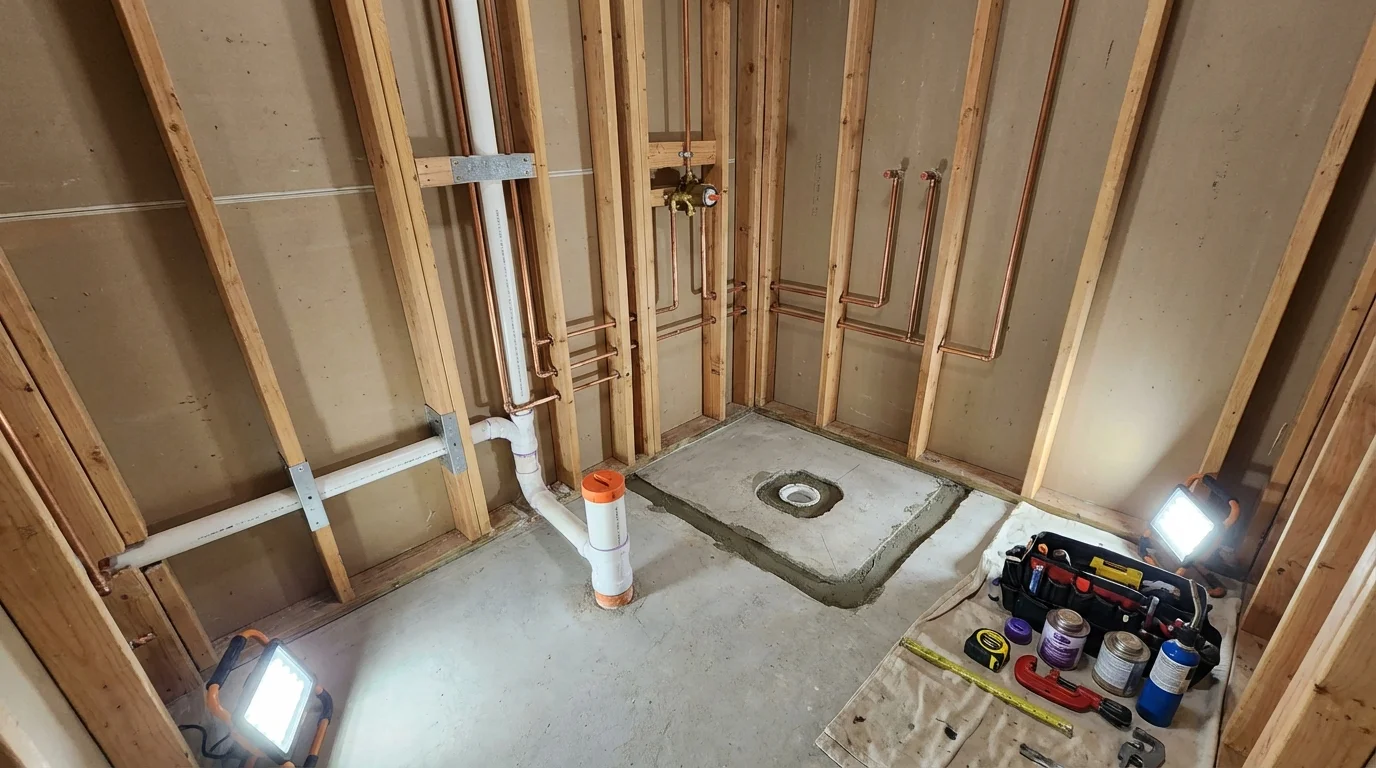 Bathroom rough-in plumbing during remodel by Johns Plumbing LLC in Gunter