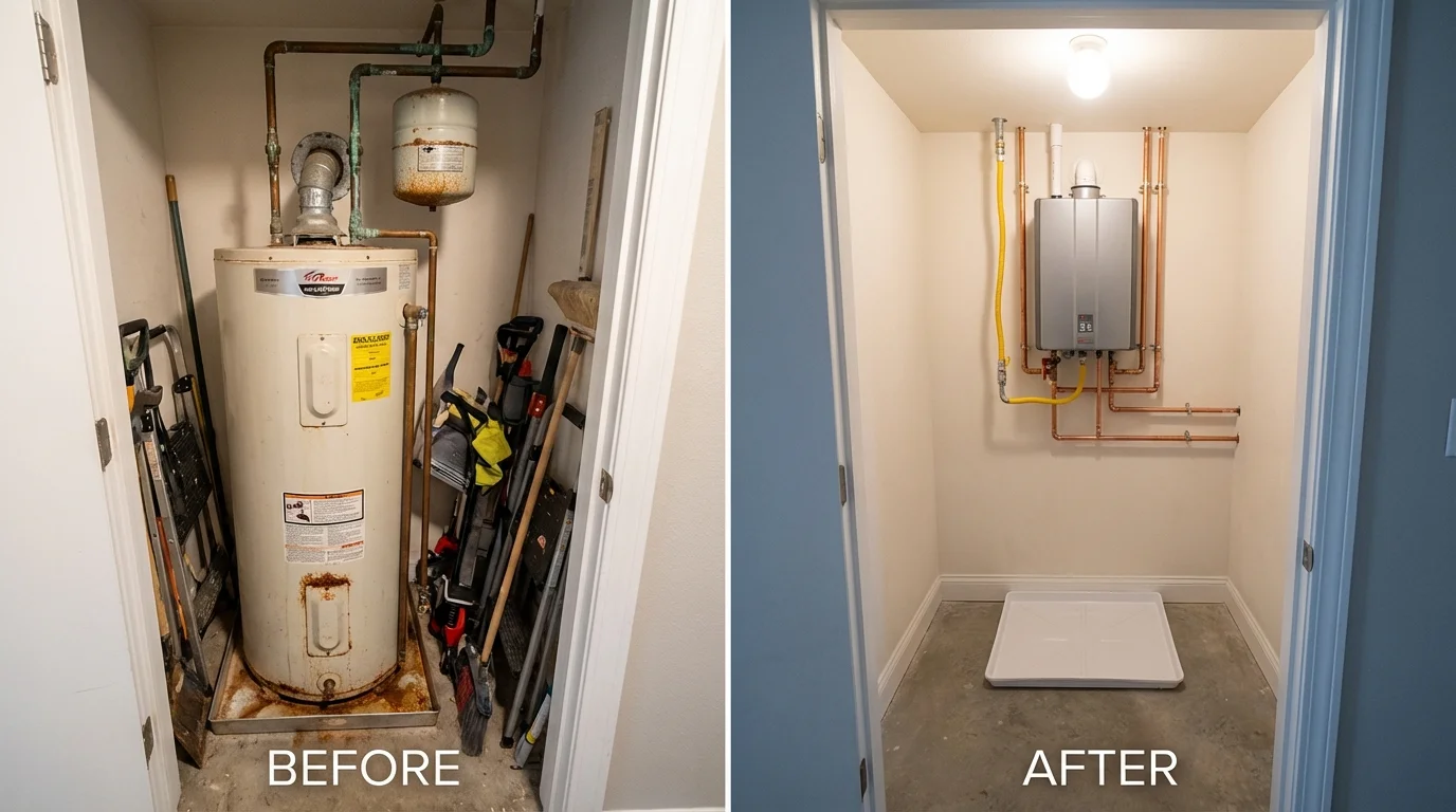 Tank water heater versus wall-mounted tankless unit comparison for Gunter, TX homeowners
