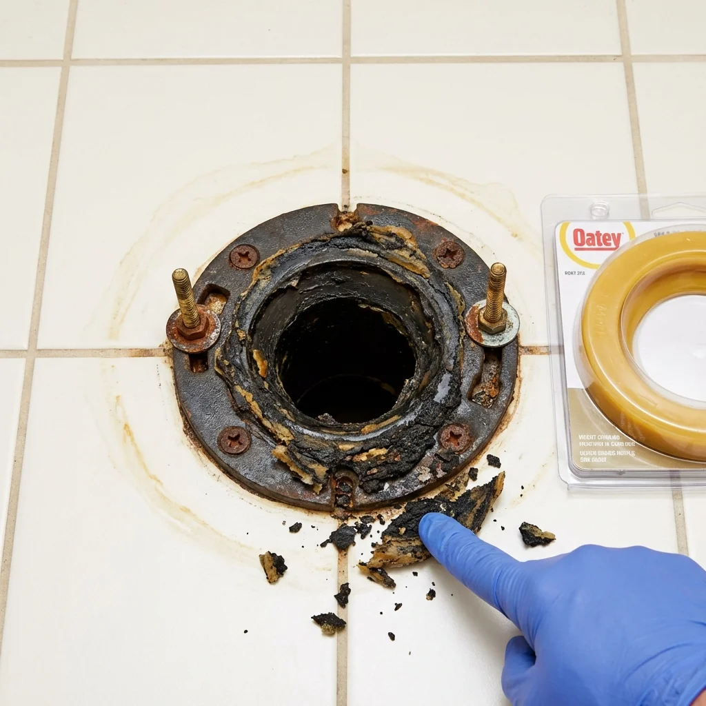 Failed wax ring showing water seepage at the base of a toilet in a Gunter, TX home