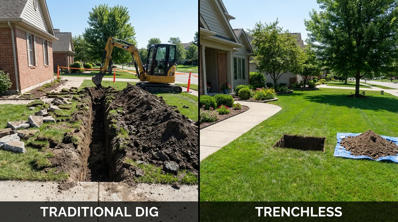 Trenchless sewer repair with minimal yard damage versus traditional excavation in Gunter, TX