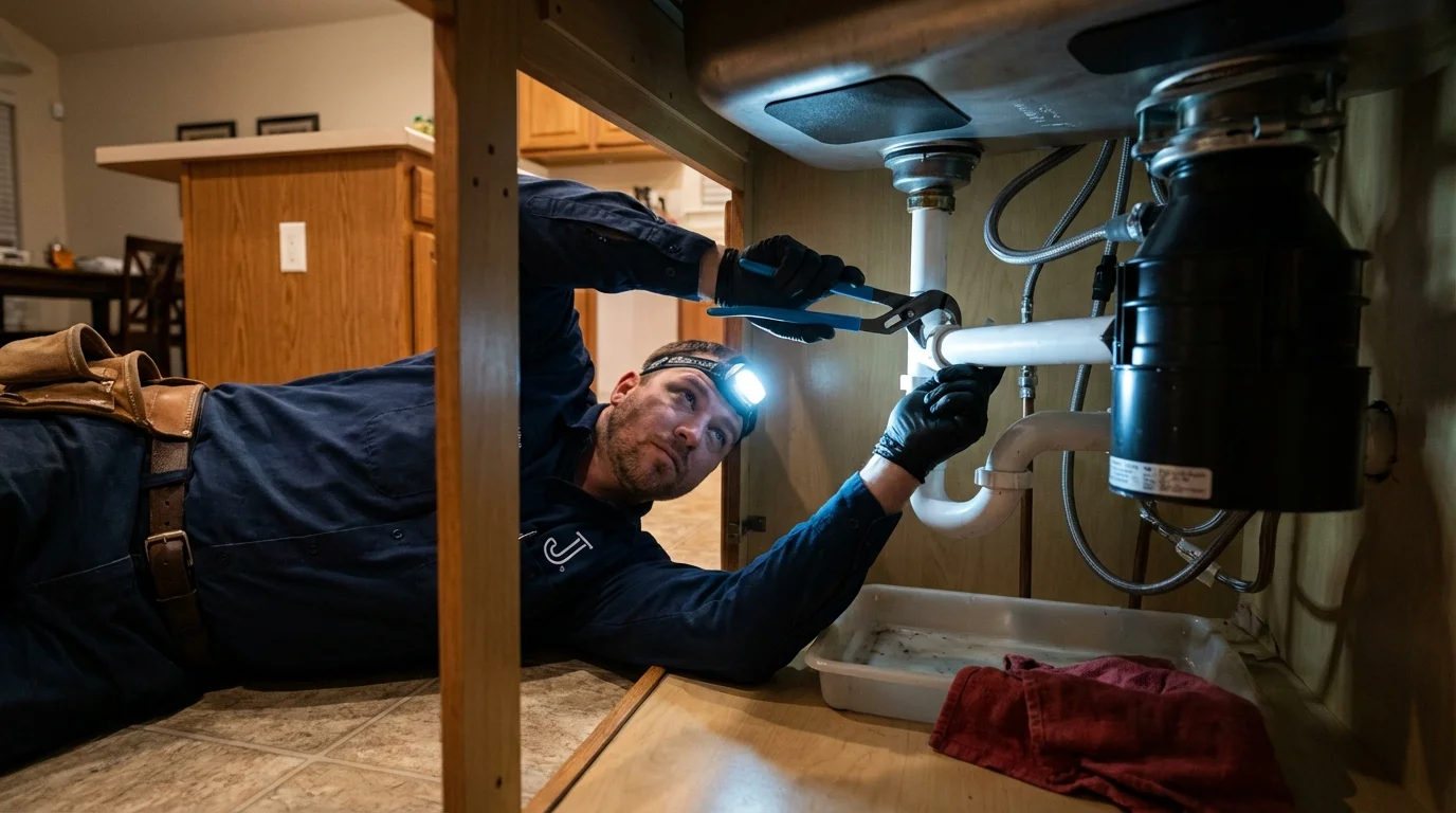 P-trap and supply line connections under a kitchen sink showing a common leak point in Gunter, TX